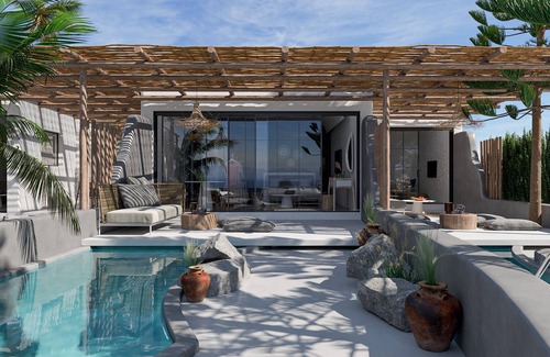 Perivolos House | Apocalypsis Suite | walk out Sea View patio with Private Heated Pool