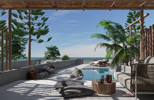 Perivolos House | Apocalypsis Suite | walk out Sea View patio with Private Heated Pool
