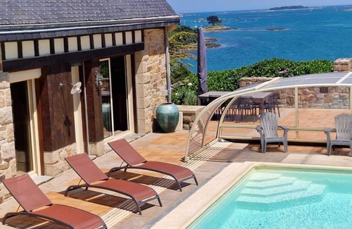 Lanmodez House | Beach view villa at the end of the garden covered swimming pool heated all year round