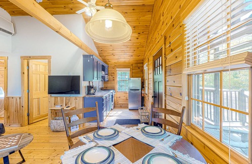 Lincolnville Cabin | Charming log cabin with firepit, lovely interior, and cozy patio/deck