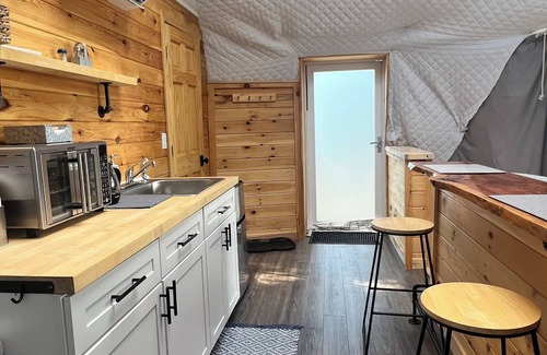 Littleton Cabin | Cozy lakeside glamping dome with fireplace, AC and full bath.