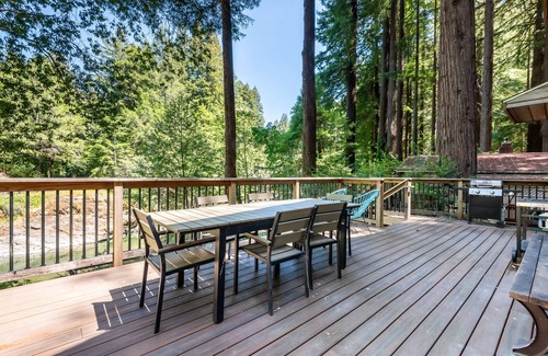 Cazadero House | Creek-front Dreamwood cabin with deck, WiFi, wood-burning stove & private sauna