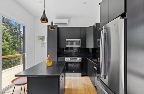 Young Harris Apartment | Escape to this modern 1BR/1BA tiny home in the North Georgia mountains. Enjoy a full kitchen, spa-style rain shower, private deck with forest views, and seasonal access to a shared pool. Perfect for rest, recharge, and reconnecting with nature.