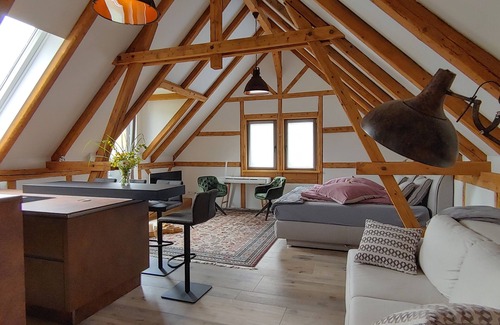 Cortendorf Apartment | Exclusive studio apartment with roof terrace and view of the Veste in the Cortendorfer Stadel