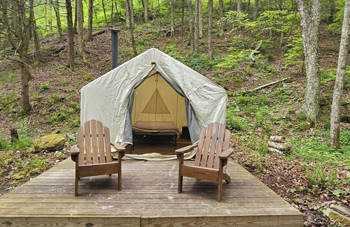 Delancey RV Rental | Family and pet friendly campsite.nCamp by a brook in a serene mountain setting