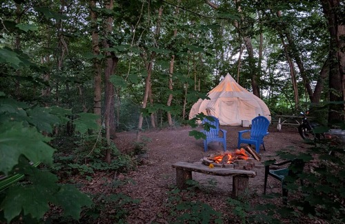 Camp Grove RV Rental | Heated Tent, Queen Bed in Forest on Farm w Animals