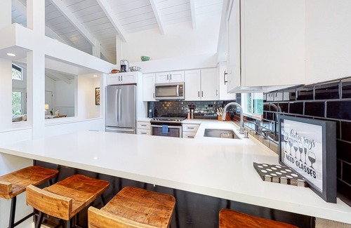 Idyllwild House | Home on private lot with hot tub, firepit, W/D, fireplace, & central AC