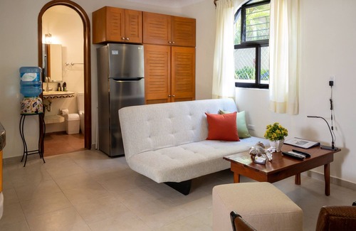 Puerto Morelos Apartment | Large studio with king bed, full kitchen, sofa bed. Half wall separating.