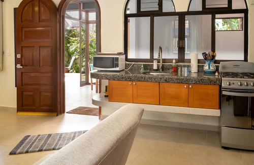 Puerto Morelos Apartment | Large studio with king bed, full kitchen, sofa bed. Half wall separating.