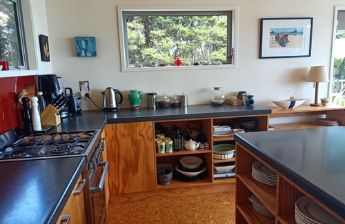 Waikawau House | Little Bay Eco House - Kaka Cottage overlooking the ocean and up in the trees