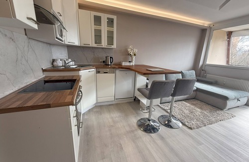 Kaposvar Apartment | Modern Flat w/Home Office, Balcony & Fireplace