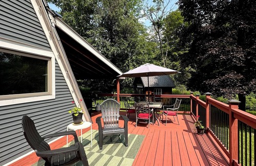 Waterbury House | On the River A-Frame. Cozy 4 season river, lake and ski retreat.