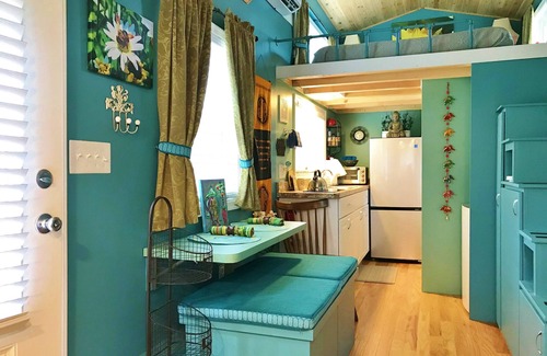 Winchester House | Peaceful Secret Gardens Tiny Home - loft & stairs lead to a Queen Size Bed