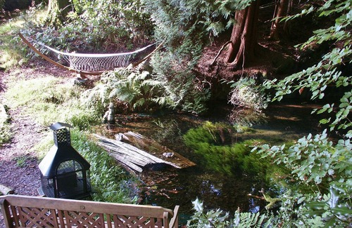 Llanidloes House | Secluded Caravan next to 2 pools & waterfalls. Decking area & Summer house