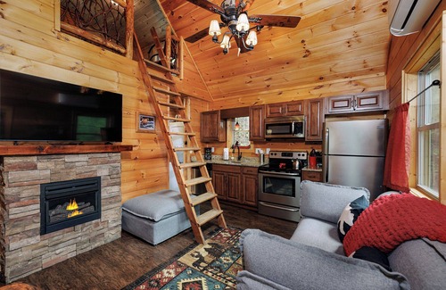 Bryson City Cabin | Skyview J.E.M - Romantic 1BR + Loft Smoky Mountain Cabin w/Hot Tub, Fire Pit & Forest Views
