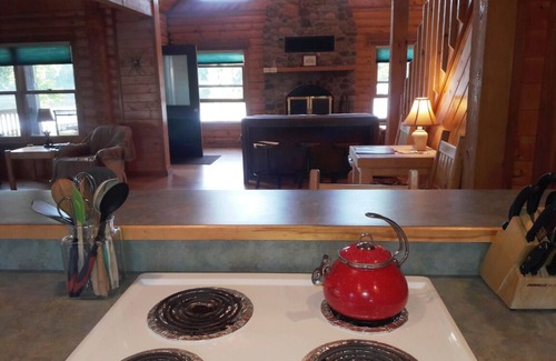 Grantsburg Cabin | Stunning log home with a rental pontoon on a quiet sunlit bay. Check it out!