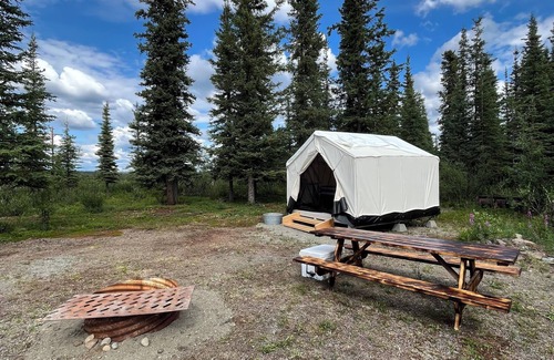 Glacier View RV Rental | The Prospector Wall Tent at Stump Creek B&B