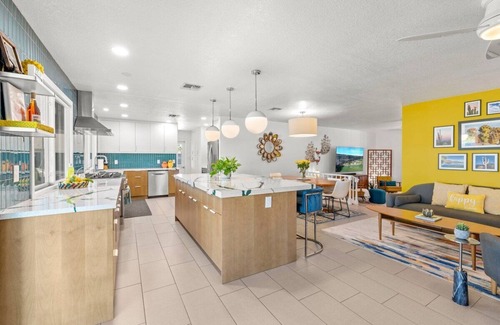 Village Grove House | Vibrant Updated MidCentury Home in OldTown-Htd Pool, Firepit, EV+ Garage, Office