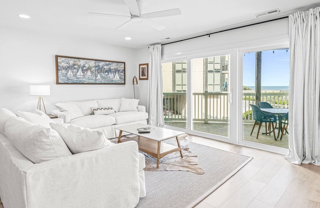 Beachfront condo with ocean views, covered deck, pool, hot tub, AC, & W/D