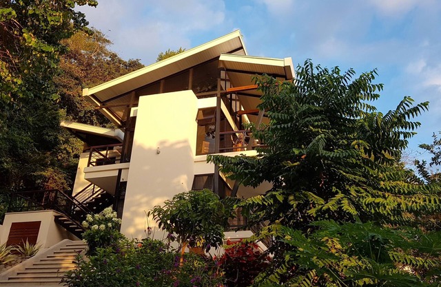 Contemporary hillside home overlooking the Pacific Ocean.