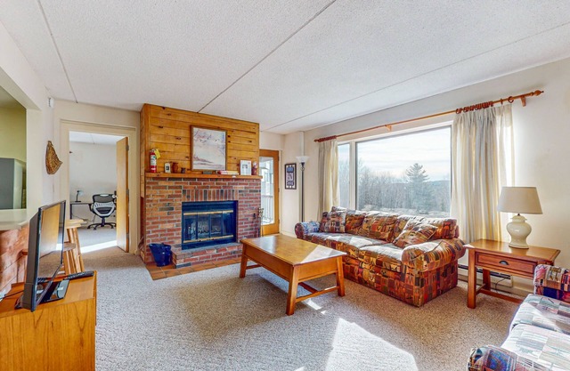 Cozy mountain condo w/fireplace, views, hot tub, pool, sauna, gym, shuttle, w/d