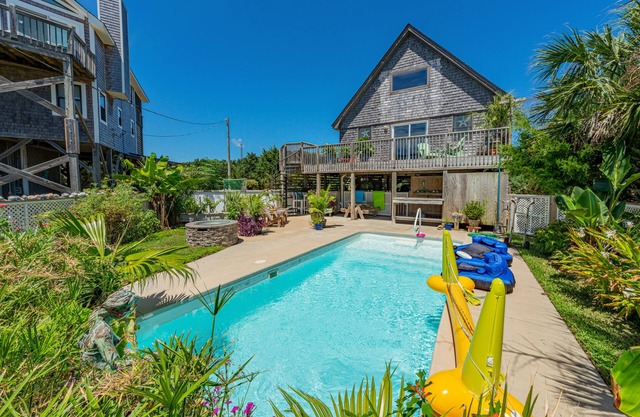 Dog-friendly home with private pool, firepit, fenced yard, covered patio, & deck