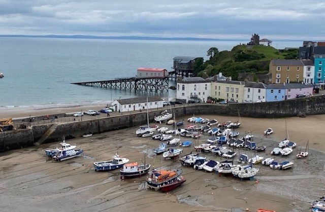 Floating Beach Hut. Seagull eye view over the famous iconic Tenby harbour.
