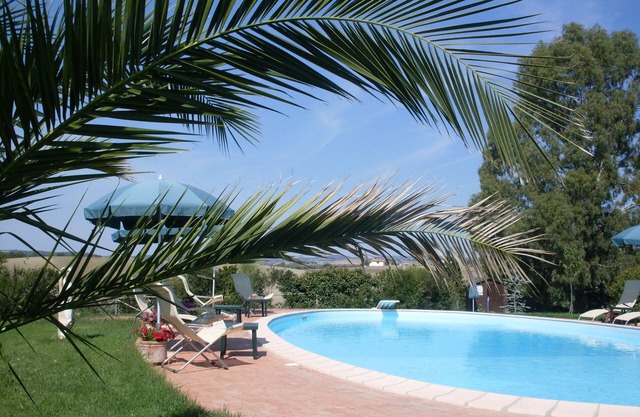 Magnificent swimming pool among mediterranean vegetation, private garden