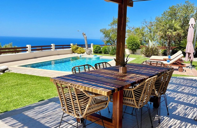 Modern spacious villa with private pool, large garden and sea view/sunset