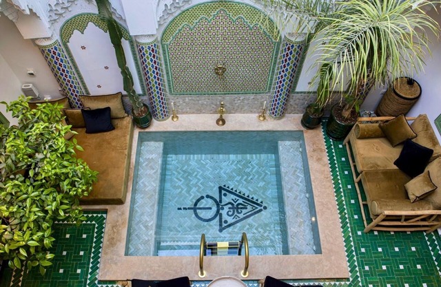 Private Riad, pool, staff, and roof in Marrakech Kasbah, secure area.