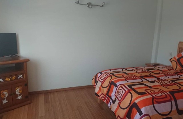 Room with a bed, sofa bed, kitchenette and bathroom.