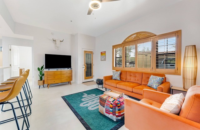 Vibrant, dog-friendly escape on bike path with washer/dryer, AC, pool, & hot tub