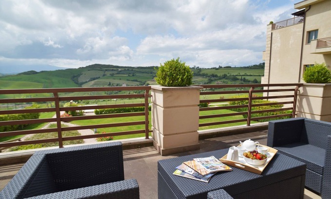 San Casciano dei Bagni Apartment | 1600 square feet, 2 bedrooms, 2 bathrooms, kitchen living & terrace with view