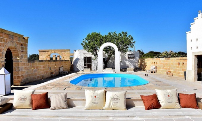 Corsano Villa | 1900 farm with swimming pool, yard, olive grove, fruit trees and views of the sea