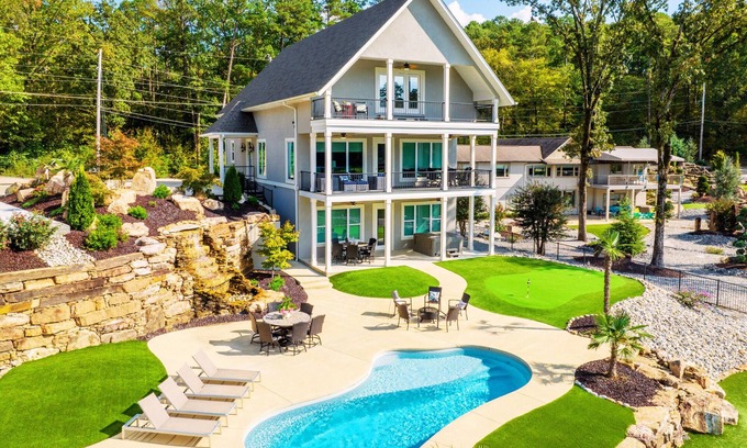 Hot Springs House | 6BR Luxe Lakefront Home, Private Pool, Hot Tub, Boat Dock, Putting Green, Views