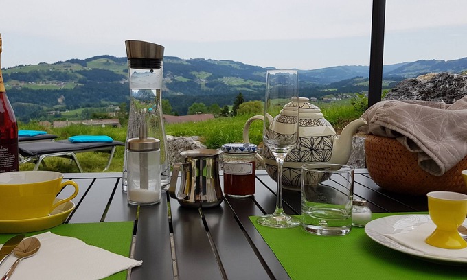 Alberschwende Apartment | Apartment Tannenglück - fantastic panoramic view from your own terrace