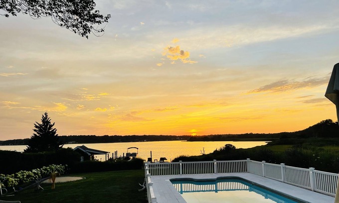 Center Moriches House | Bay front Hamptons home with direct sunsets and private dock with pontoon boat