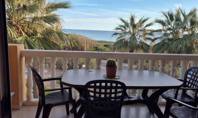 Platja de Piles Apartment | Beautiful apartment Lilou in 1st line sea view, swimming pool and palm trees
