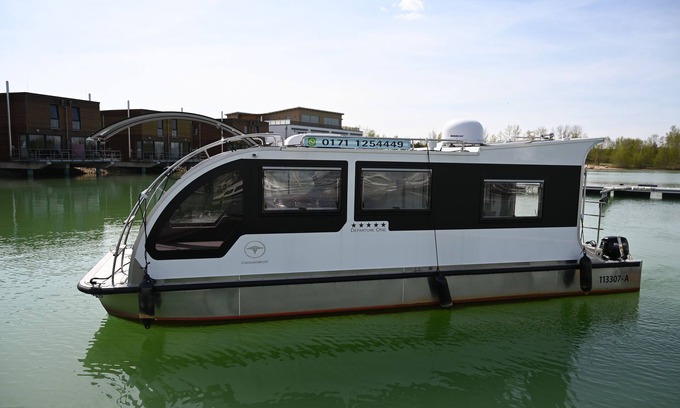Grossposna Boat Rental | Caravan boat Störmthaler See, houseboat with sun terraces on 20 sqm