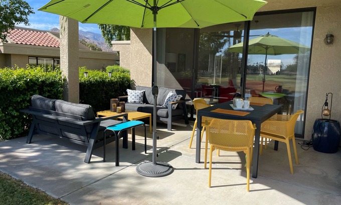 Cathedral City Condo | CCCC gated 2BR condo, open modern interior, golf course view, 2 private patios