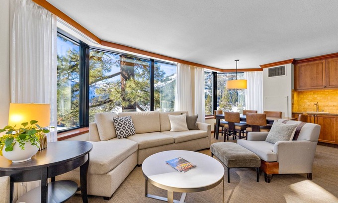 Olympic Valley Condo | Corner king suite with Valley-view, pool, hot tub, golf & other resort amm.