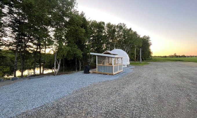 Littleton Cabin | Cozy lakeside glamping dome with fireplace, AC and full bath.