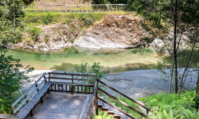 Cazadero House | Creek-front Dreamwood cabin with deck, WiFi, wood-burning stove & private sauna