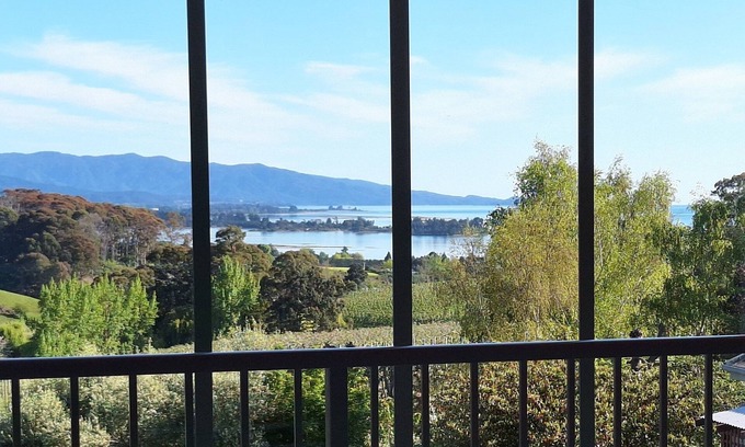 Tasman Cottage | Delightful sunny house with stunning rural & ocean views, swimming pool & spa