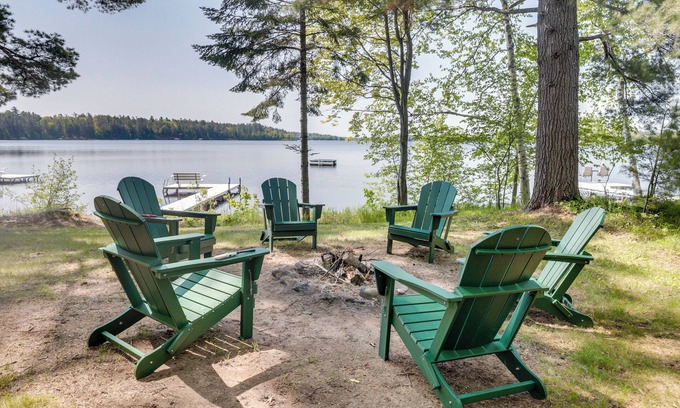 Lac du Flambeau House | Dock + Fire Pit: ‘Sweet Serenity’ on Amber Lake