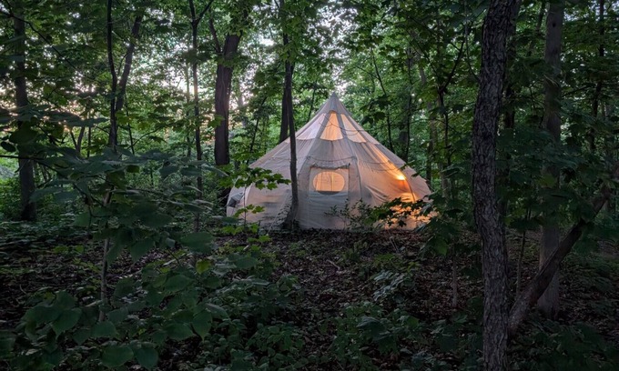 Camp Grove RV Rental | Heated Tent, Queen Bed in Forest on Farm w Animals