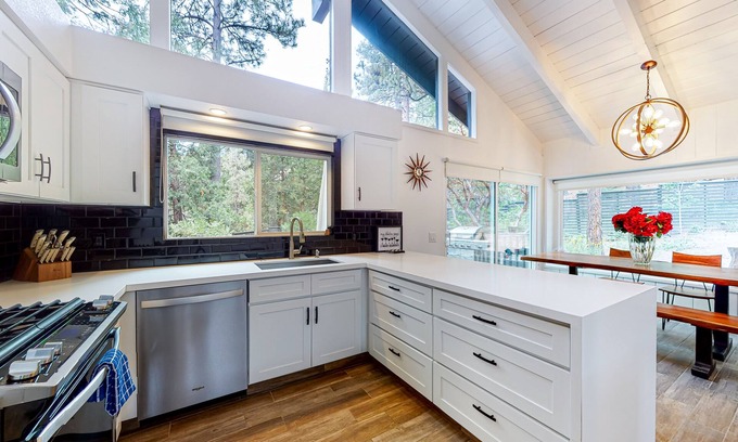 Idyllwild House | Home on private lot with hot tub, firepit, W/D, fireplace, & central AC