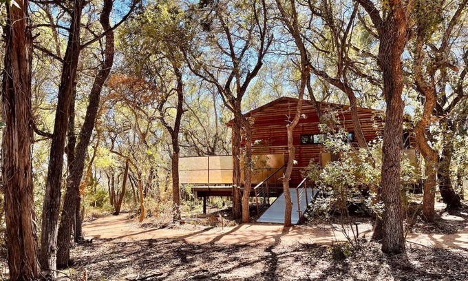 Dripping Springs Apartment | Luxe Modern Treehouse w Heated Pool & Firepit