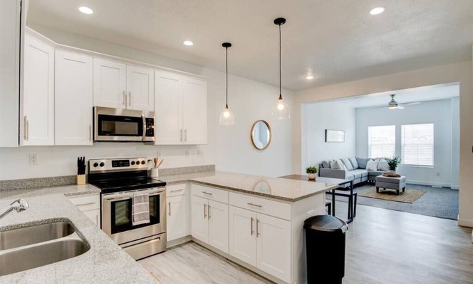 Vineyard House | Modern Kitchen and Living Room, King Bed