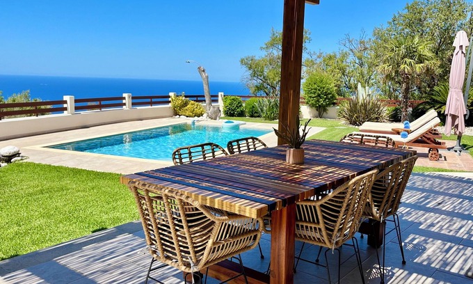 Kalamitsi Villa | Modern spacious villa with private pool, large garden and sea view/sunset